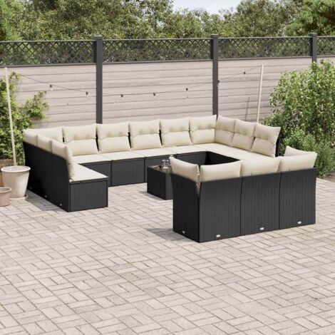 Ensemble canapé jardin 9 pièces modulable en polyrotin noir avec coussins, résistant intempéries, configuration flexible. (1/3)