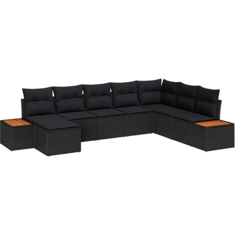 Ensemble de jardin modulaire 9 pièces en poly rotin noir avec coussins, table verre trempé et rangement (1/3)