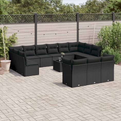 Ensemble de Jardin 9 Pièces en Polyrotin Noir avec Coussins - Salon d'Extérieur Modulable 8 Places, avec Table, Canapés et Pouf, Matériau Résistant aux Intempéries (1/3)