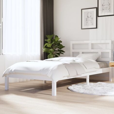 Cadre de lit bois blanc 90x200 cm avec tête de lit en pin massif et lattes contreplaqué (1/4)