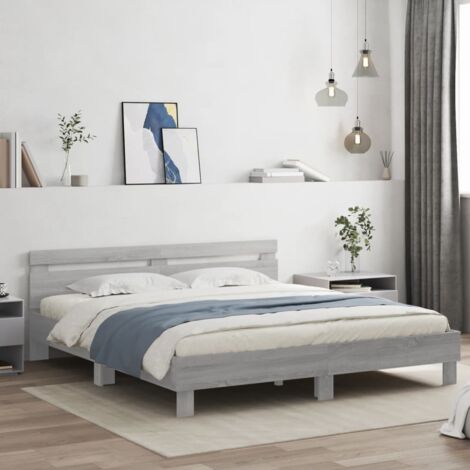 Cadre de lit LED Sonoma Gris 180x200 cm, bois d'ingénierie avec tête de lit et lumière RGB USB, lattes contreplaqué (1/4)