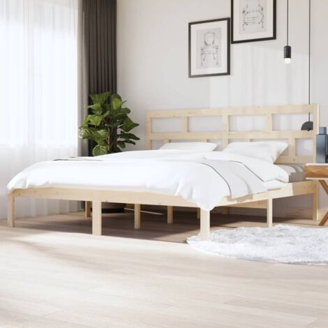 Cadre de Lit Bois Pin 200x200 cm avec Sommier en Contreplaqué et Tête de Lit - Cadre de Lit à Assembler pour Chambre - Matelas Non Inclus (1/4)