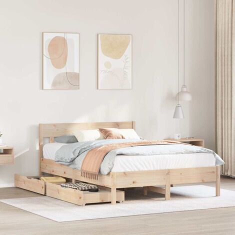 Cadre de lit avec tiroirs de rangement en bois de pin massif sans matelas - Tête de lit incluse - Dimensions 140x200 cm (145.5x205.5x81 cm) (1/4)