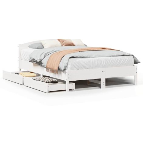 Cadre de lit avec tête de lit blanc en pin 140x200 cm avec 2 tiroirs roulants - Lit avec rangement (1/4)