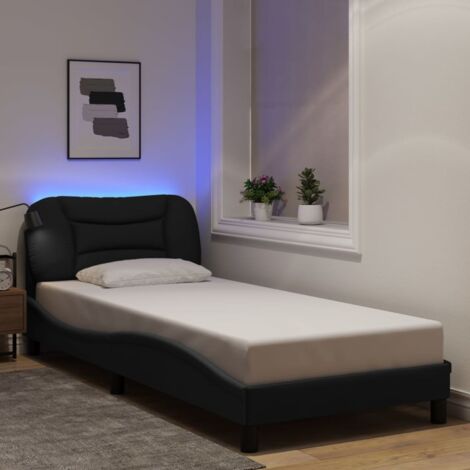 Cadre de lit LED Hvar avec bande lumineuse et tête de lit, modèle noir tissu polyester 90x200 cm sans matelas (1/4)