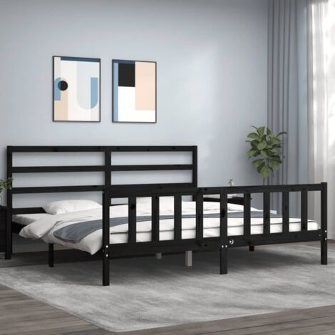 Cadre de lit avec tête de lit en bois de pin massif noir, dimensions 200x200 cm, système de lattes en contreplaqué, hauteur sous lit 21 cm, matelas non inclus, nécessite assemblage (1/4)