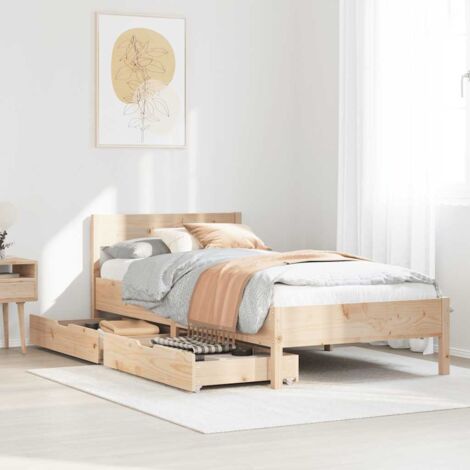 Cadre de lit 75x190 cm avec tête de lit et 2 tiroirs en pin massif (1/4)