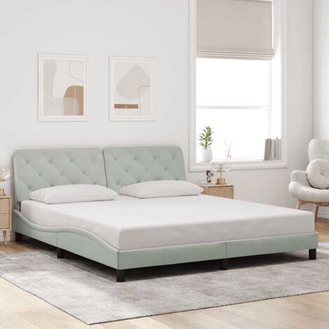 Cadre de lit avec tête de lit gris clair velours 180x200 cm incluant coussin de tête de lit et lattes de contreplaqué, assemblé (1/4)