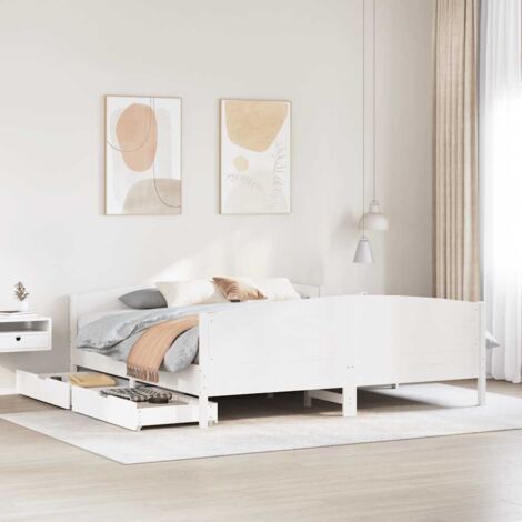 Cadre de lit avec rangement en pin massif 160x200 cm blanc avec 2 tiroirs - Tête de lit intégrée (1/4)