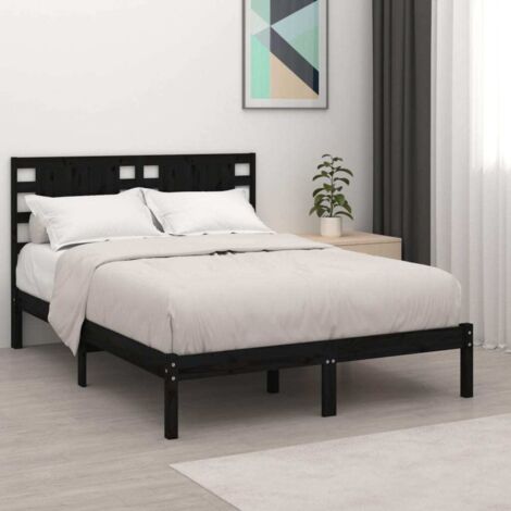 Cadre de Lit Black Noir 200x200 Bois Massif Pin Tête de Lit avec Lattes Soutien (1/4)