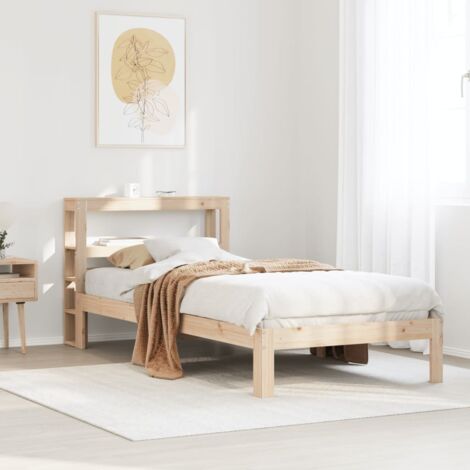 Cadre de Lit 90x200 avec Tête de Lit en Pin Massif et Étagères de Rangement (1/4)