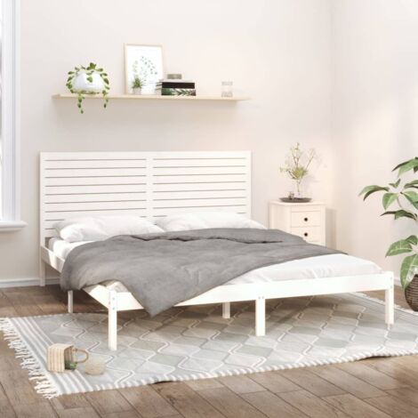 Cadre de Lit Super King 180x200 en Bois de Pin Massif Blanc – Structure Stable avec Tête de Lit, Assemblage Requis (1/4)