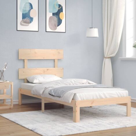 Cadre de lit en pin massif 90x200 cm avec tête de lit, soutien lombaire et lattes en contreplaqué, design rustique durable (1/4)
