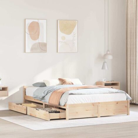 Cadre de lit double avec sommier lattes, pin massif, 140x200 cm, 2 tiroirs de rangement avec roulettes (1/4)