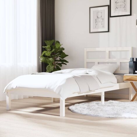 Cadre de Lit en Pin Massif Blanc 90x190 cm avec Tête de Lit et Lattes Contreplaqué (1/4)