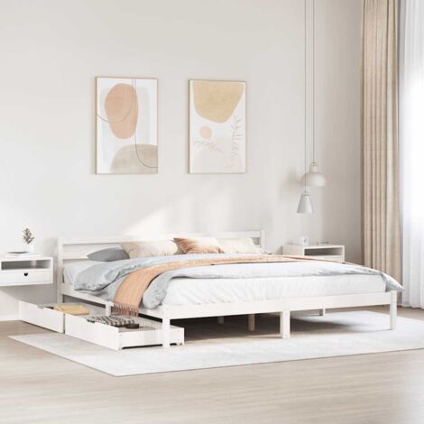 Cadre de lit blanc bois de pin massif 200x200 cm avec sommier et 2 tiroirs de rangement avec roues (1/4)
