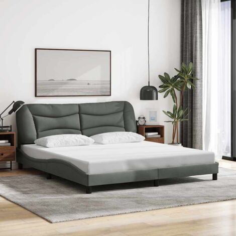 Cadre de Lit 180x200 cm avec Tête de Lit en Tissu Gris Hvar avec Soutien Dorsal, Latte Contreplaqué et Design Ondulé (1/4)