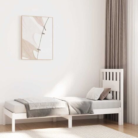 Cadre de lit petit simple en bois de pin massif blanc, 195.5x80.5x31 cm avec tête de lit à 100 cm pour matelas 75x190 cm, sans matelas (1/4)