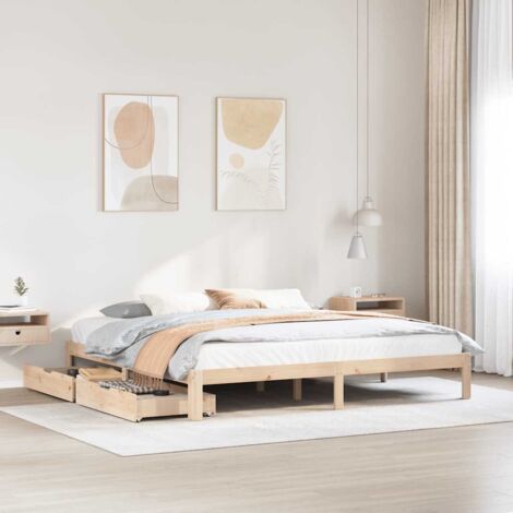 Cadre de Lit avec Tiroirs de Rangement Lit 180x200 cm en Bois de Pin Massif Sommier à Lattes et Roulettes pour Déplacement Facile (1/4)