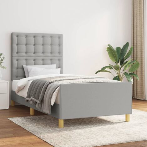 Cadre de lit avec tête de lit réglable, tissu polyester gris clair, 90x200cm, mélèze massif et contreplaqué (1/4)