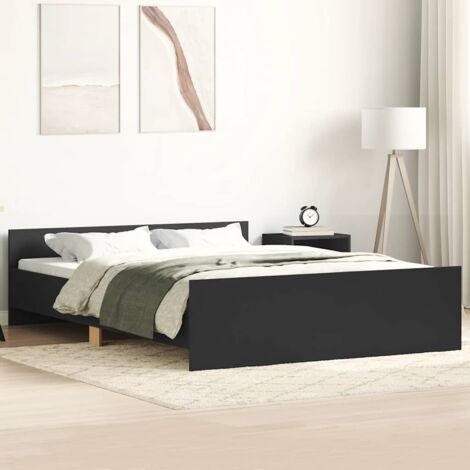 Cadre de lit 140x200 cm Noir en Bois d'Ingénierie avec Tête de Lit et Pied de Lit Fonctionnels - Lattes Contreplaqué Robustes (1/4)