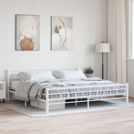 Cadre de lit 200x200 cm métal blanc avec sommier à lattes - Construction solide en acier pour chambre élégante (1/4)