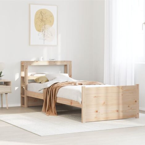 Cadre de Lit avec Tête de Lit en Pin Massif 75x190 cm - [Sans Matelas] - Étagères de Rangement - Bois Naturel (1/4)