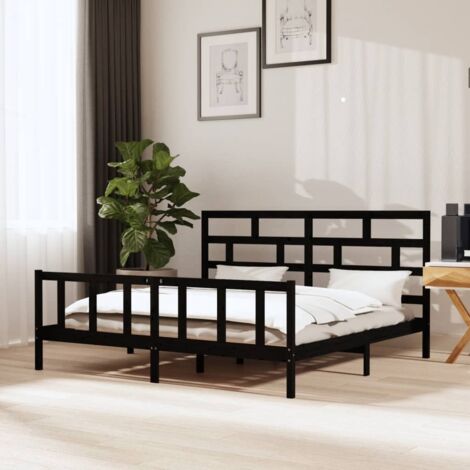 Cadre de lit 200x200 cm bois massif noir avec tête de lit incluse (1/4)