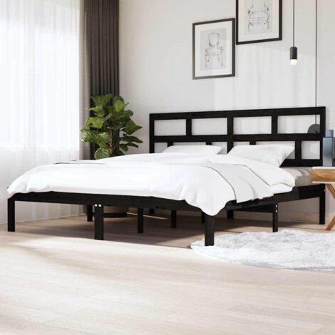 Cadre de lit adulte 200x200 cm en bois de pin massif noir avec tête de lit et 2 lattes (1/4)