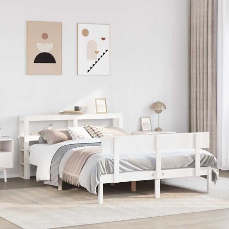 Cadre de Lit sans Matelas Blanc Bois de Pin Massif 120x200 cm avec Étagères de Rangement (1/4)