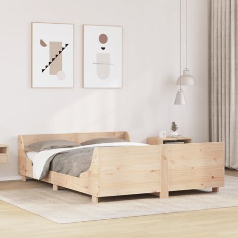 Cadre de Lit 140x200cm avec Pied et Tête Bois Pin Massif Naturel Contreplaqué Sans Matelas (1/4)