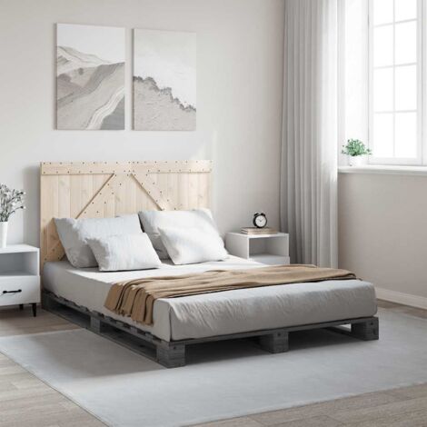 Cadre de Lit 140x200 cm Gris Pin Massif avec Tête de Lit et Lattes Solides (1/4)