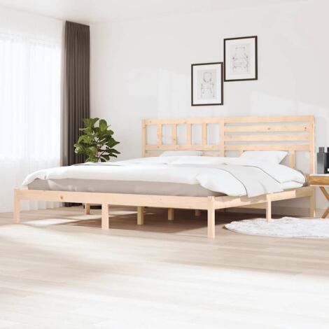 Cadre de Lit King Size en Bois de Pin Massif avec Tête de Lit, pour Matelas 200x200 cm - Assemblage Requis (1/4)