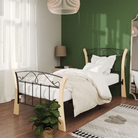 Cadre de Lit Simple Métal Bois Massif - Noir Naturel 90x200 cm Avec Support Lattes (1/4)