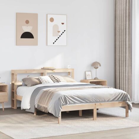 Cadre de Lit 120x190 en Bois de Pin Massif avec Tête de Lit et Rangement (1/4)