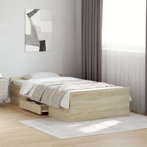 Cadre de Lit 75x190 cm Sonoma avec Tiroirs, Bois d'Ingénierie et Contreplaqué (1/4)