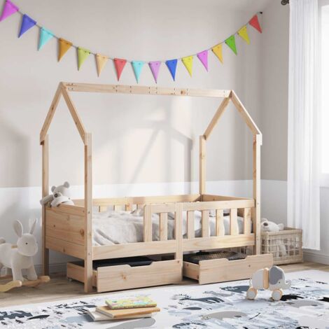 Cadre de lit enfant maison 70x140cm bois pin massif avec 2 tiroirs rangement sommier lattes barrières sécurité sans matelas (1/4)
