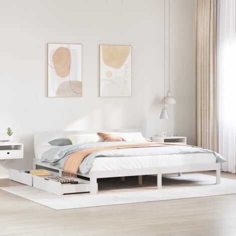 Cadre de lit double en pin massif avec tiroirs, dimensions 200x200 cm, couleur blanc, 2 tiroirs de rangement, sans matelas (1/4)