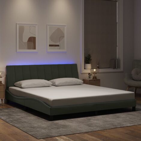 Cadre de lit LED Hanko gris clair velours 180x200cm avec bande lumineuse et coussin tête de lit (1/4)
