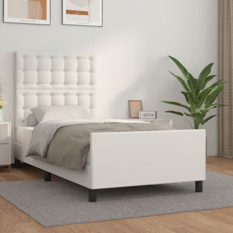 Cadre de Lit Blanc 90x190 en Similicuir avec Tête de Lit Réglable - Structure en Bois avec Lattes Contreplaqué - Livraison sans Matelas (1/4)
