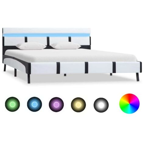 Cadre de lit LED moderne 140x200 cm en similicuir blanc avec tête de lit et lattes (1/4)