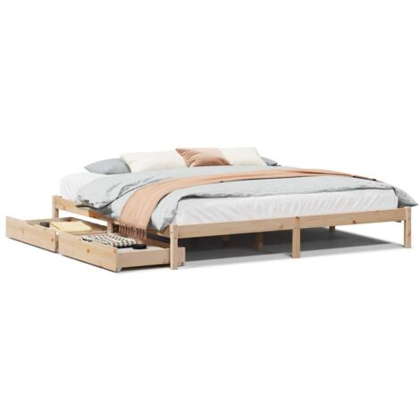 Cadre de Lit Bois Pin Massif 200x200 cm avec 2 Tiroirs Rangement et Sommier à Lattes (1/4)