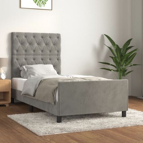Cadre de lit 80x200 cm gris clair velours à tête de lit réglable avec soutien dorsale, livré avec pieds robustes et lattes de contreplaqué (1/4)