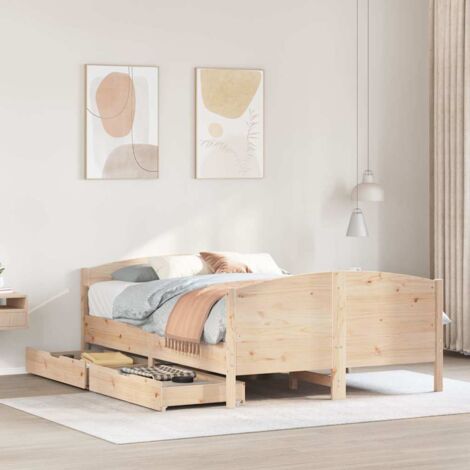 Cadre de Lit 135x190cm avec Tiroirs en Bois de Pin Massif - Sans Matelas - Assemblage Requis - Dimensions 195.5x140.5x74.5cm - Livraison Comprend Cadre et 2 Tiroirs (1/4)