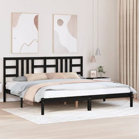 Cadre de lit 200x200 cm en pin massif noir avec tête de lit - Bois naturel, lattes contreplaqué, design intemporel, montage requis (1/4)