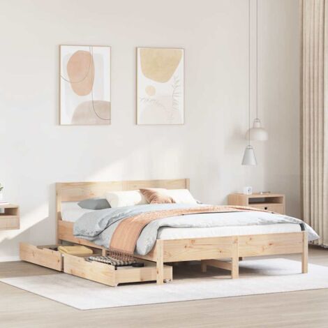 Cadre de Lit 120x190 cm Bois de Pin Massif avec Tête et 2 Tiroirs Roulants (1/4)