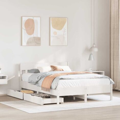 Cadre de lit double avec tête de lit blanc bois de pin massif 160x200 cm et deux tiroirs de rangement sous le lit avec roulettes (1/4)