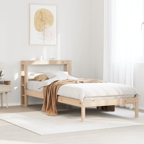 Cadre de lit 90x190 cm bois de pin massif avec tête de lit et étagères de rangement (1/4)