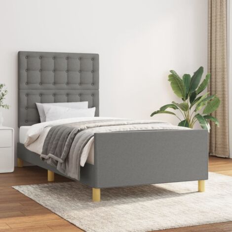 Cadre de Lit avec Tête de Lit en Tissu Polyester Gris foncé - Modèle 90x200cm - Structure Bois de Mélèze - Matelas Non-Inclus - Manuel de Montage Facile - Hauteur Réglable (1/4)