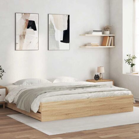 Cadre de lit chêne Sonoma 160x200 cm avec 6 tiroirs et lattes en contreplaqué - Bois d'ingénierie durable sans matelas (1/4)